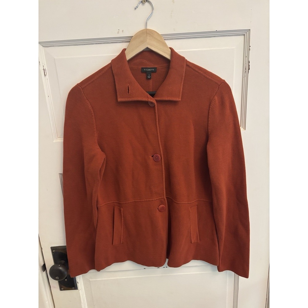 Talbots Women's Burnt Orange Thick Waffle Knit Cardigan Sweater Pockets Size S